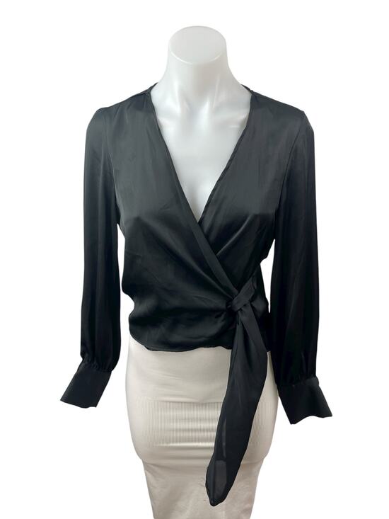 Zara Tops - Zara Women's Black Silky Satin Sheer V Neck Long Sleeve Crop Wrap Blouse Top XS